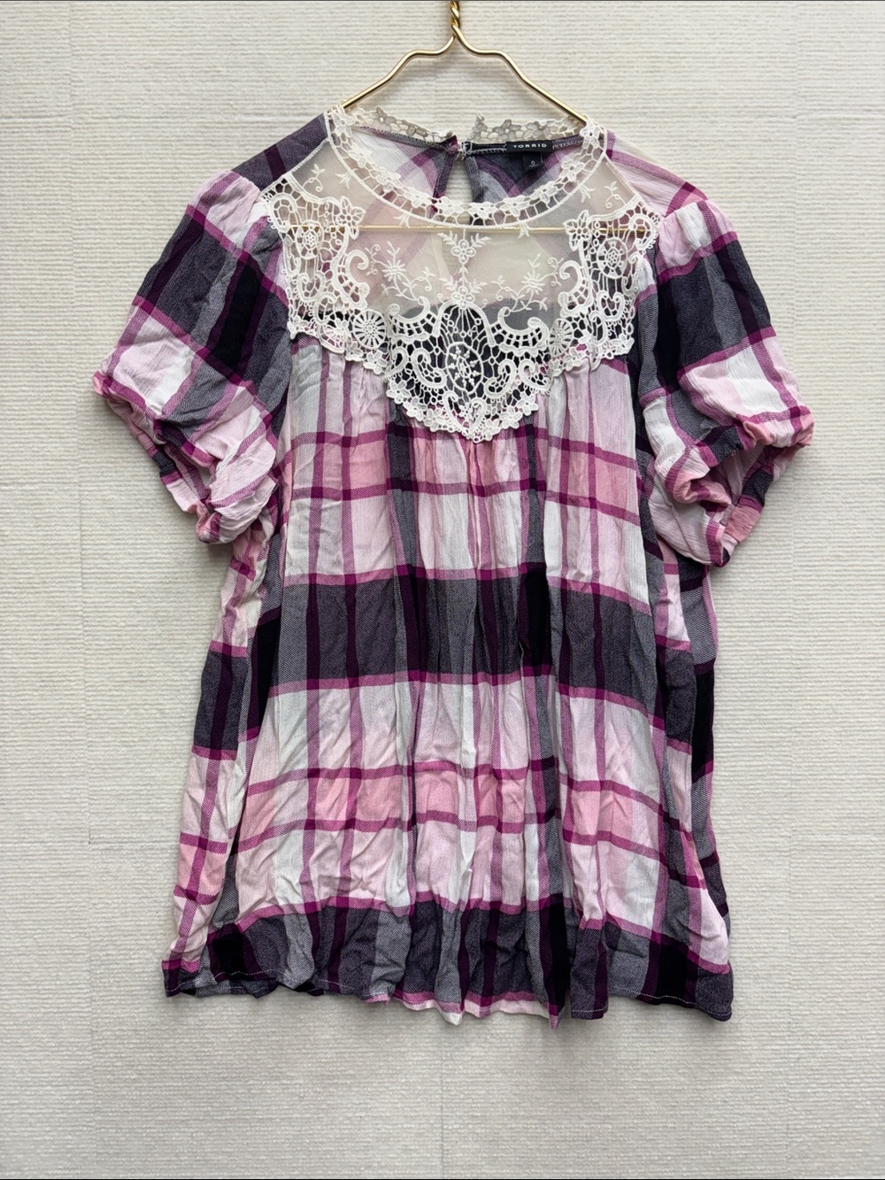 Torrid 0 Lace Yoke Plaid Blouse in Pink and Black